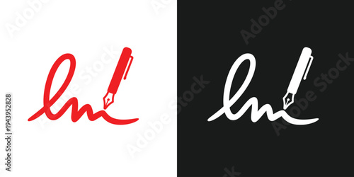 Illustration of two stylized signatures in red and white with fountain pen on split colored background