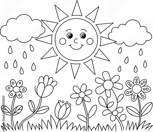 Black and white of smiling sun with raindrops and flowers
