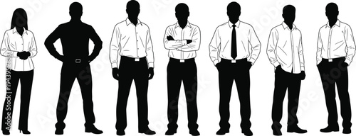 Professional business team diverse men and women in shirts suits blazers, confident standing poses arms crossed hands on hips, black silhouette vector illustration