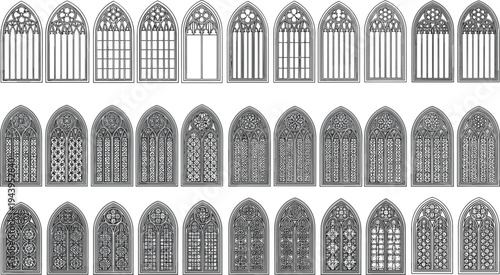 Gothic cathedral stained glass windows set, medieval church window frames collection, ornate gothic architecture line art vector