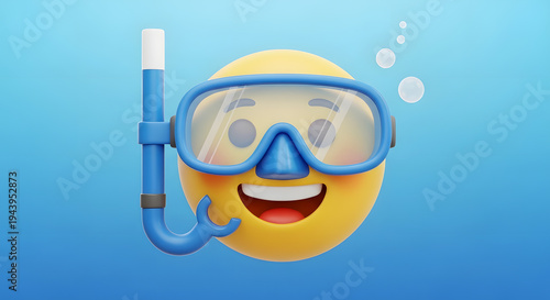 A 3D rendered yellow emoji face wearing a blue snorkeling mask and tube with bubbles