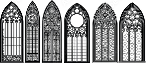 Gothic stained glass window collection, medieval cathedral church windows set, ornate gothic architecture line art vector illustration