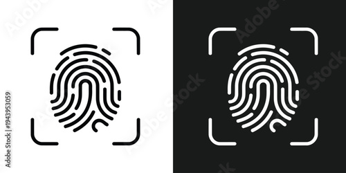 Illustration of fingerprint icons in black and white with square frames and black backgrounds for identification and security concepts