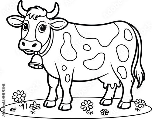 Black and white cow standing on grass with flowers