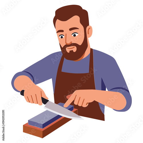 Man sharpening knife on stone in kitchen with care and precision
