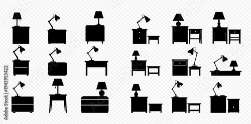 Set of various bedside tables and nightstands with lamps, black silhouettes on transparent background, vector illustration of bedroom furniture.