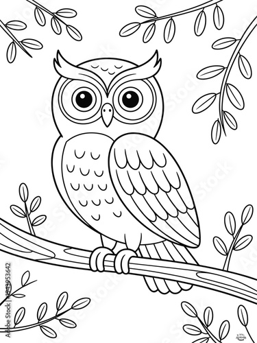Black and white owl perched on a branch with leaves