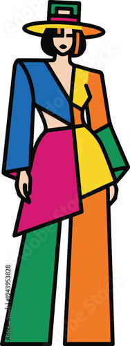 A colorful woman wearing a hat and pants