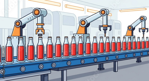 Robots on soda bottle line.