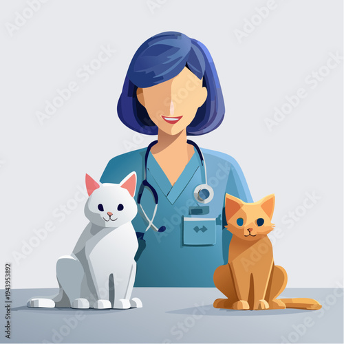 Friendly veterinarian with two cats providing professional pet care