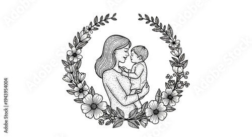 Mother Holding Baby in Floral Wreath.