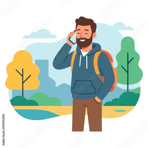 A man talks on phone while standing outdoors with backpack on.