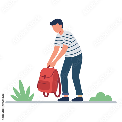 Man bending to pick up red backpack on sidewalk with plants