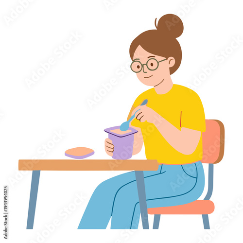 A woman sits at a desk eating cereal with a spoon from a purple bowl.