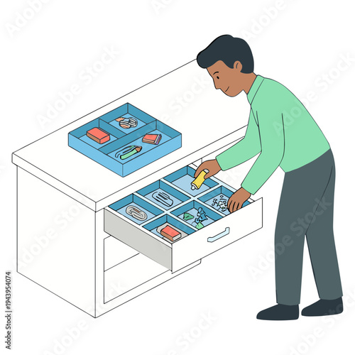 A man opening drawer to organize office supplies and tools on a desk.