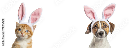 easter pets: cat and dog with bunny ears on white background.