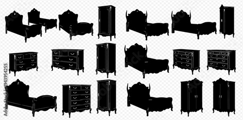 Set of antique bedroom furniture silhouettes including beds, dressers, and wardrobes on a transparent background, perfect for design elements.