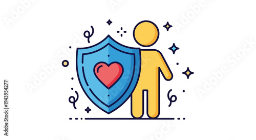 Person standing with shield and heart.