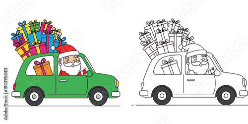 Santa Claus driving green car overloaded with Christmas gifts. Colored and black and white outline coloring page vector illustration for holiday design.