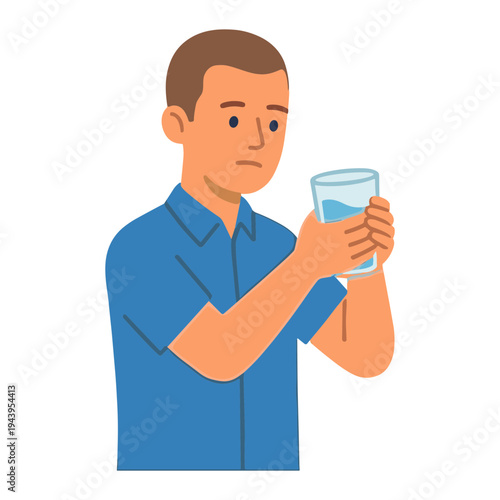 Man holding glass of water with concerned expression on face