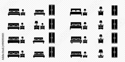 Set of bedroom furniture icons including beds, nightstands, lamps, and wardrobes in black silhouette.