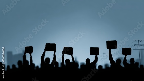 Silhouette of protesters raising empty fuel cans in fictional economic protest