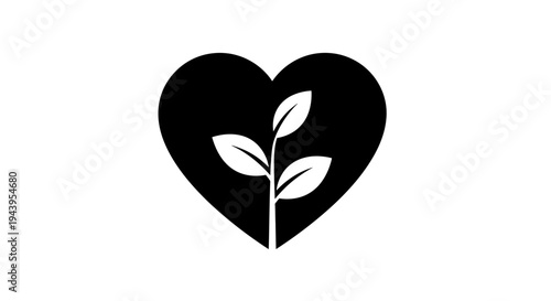 Black heart shape with a growing plant inside symbolizing love for nature.