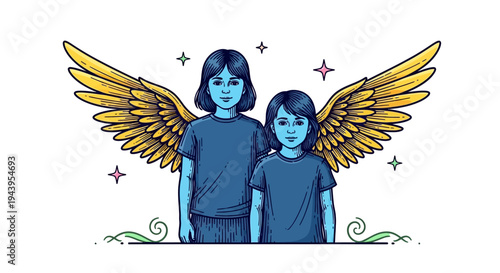 Two children with large golden wings.