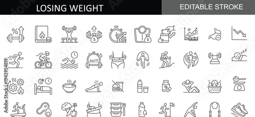 Losing Weight and Fitness Lifestyle Icon Set: Healthy Diet, Gym Workout, Fat Burn, Calorie Tracking, and Body Transformation Vector Line Icons with Editable Stroke for Wellness and Nutrition Apps