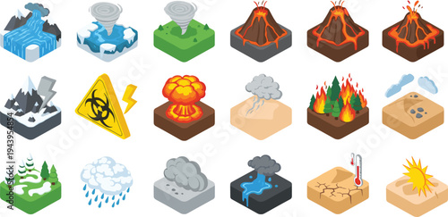 Natural disaster icons set, climate catastrophe symbols, volcano eruption tornado wildfire earthquake flood drought weather hazard vector