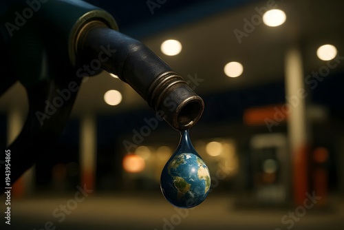 Gasoline Drop Shaped Like Earth Falling from Fuel Nozzle - Global Fuel Crisis Concept
