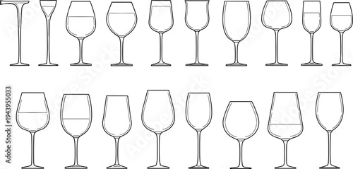 wine glasses, glassware, barware, beverage, alcohol, drink, wine, outline, lineart, illustration, set, collection, goblet, stemware, bar, restaurant, menu, sketch, elegant, design