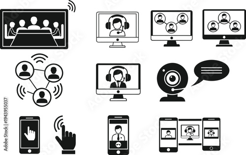 Video conferencing icons set, online meeting communication, customer support service, telecommunication network, webinar collaboration technology, call center smartphone connection interface