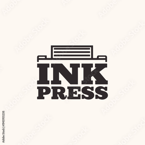 Ink Press Bold Black Logo Design with Vintage Printing Press Graphic
