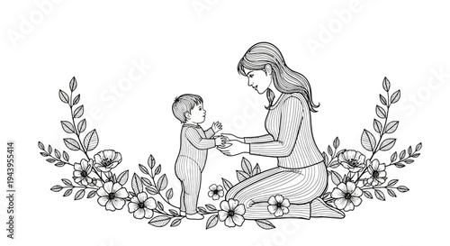 Woman giving flower to little child.