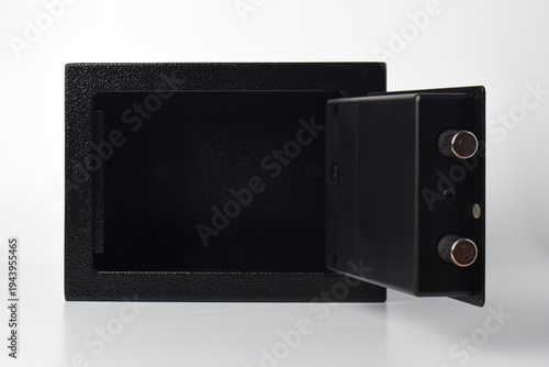 Open electronic security safe box isolated on white background.