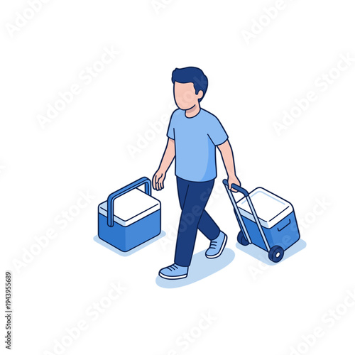Man walking with two coolers on a cart and in hand outdoors