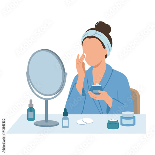 Woman applies skincare cream while looking at her reflection in a mirror