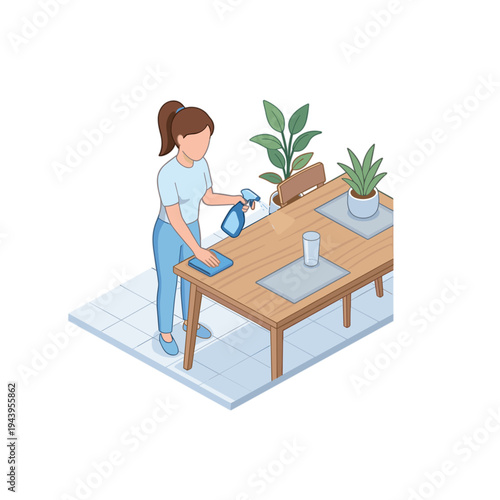 Woman cleaning a wooden table with a cloth and spray bottle indoors