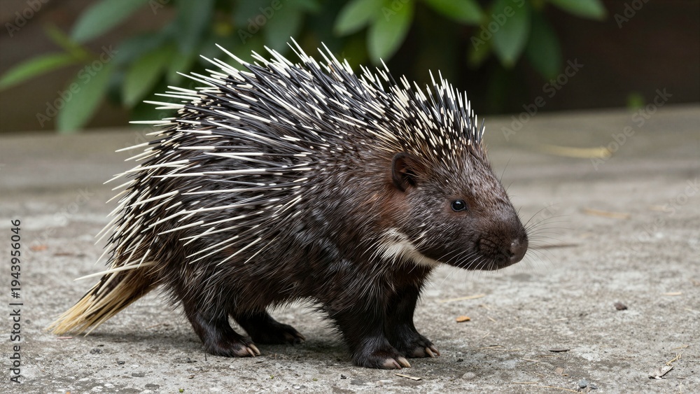 Fototapeta premium A Malayan porcupine with sharp quills and dark fur walking on a concrete surface, surrounded by green foliage in soft focus.
