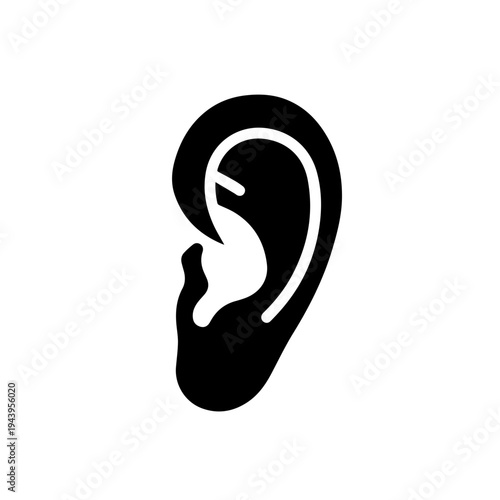 Clean vector graphic of a human ear, a simple black silhouette icon for hearing, sound, listening, and auditory health representation