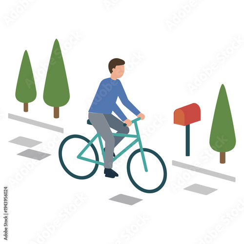 Man rides bicycle past trees and mailbox on suburban street