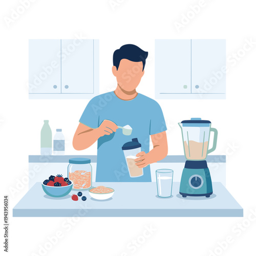 Man preparing a smoothie with fruits and blender in kitchen