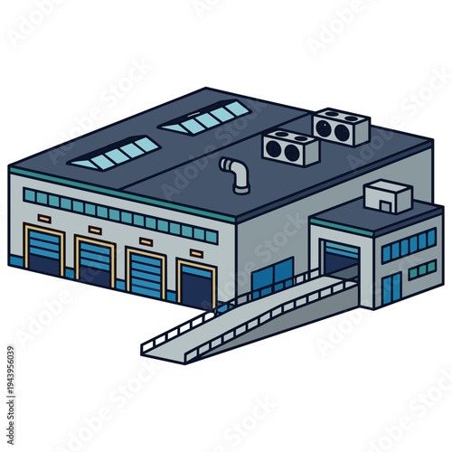 An illustration depicts a large industrial building with a ramp and several garage doors.