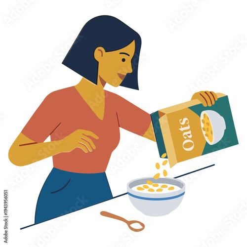 Woman pouring oats from box into bowl on table indoors