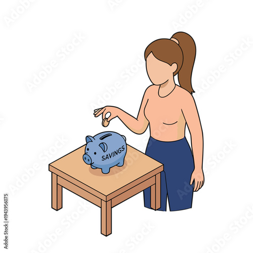Woman putting coin into piggy bank on wooden table indoors.
