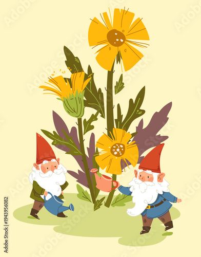 Whimsical garden gnomes with red pointed hats and flowers gardening elements. Card design with gnomes and spring flowers, tussilago farfara