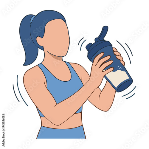 Woman in blue sports outfit shakes protein shaker bottle vigorously outdoors
