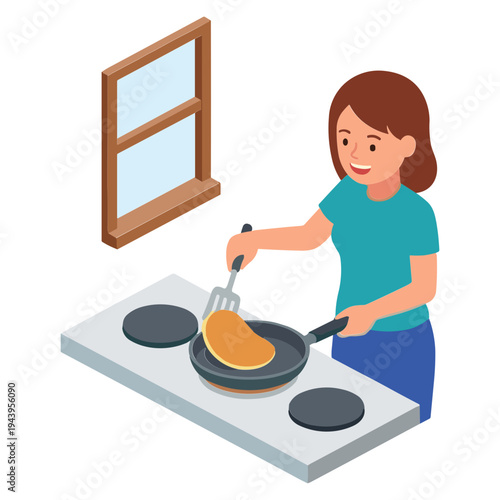 Woman cooking food on electric stove near window in kitchen