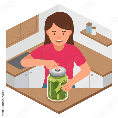 Woman Preparing Pickles in a Kitchen Environment with Cucumber Jars